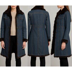 Moda Mojo Denim Jacket Blue Rabbit Fur Trim Quilted Lining Longline Fits Sz S